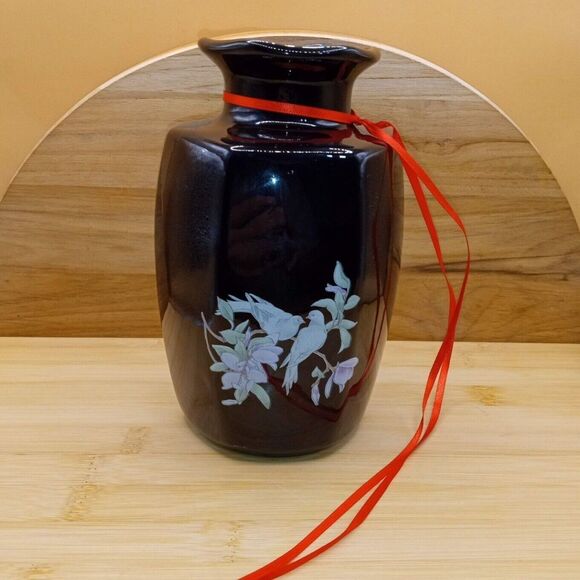 Vintage Japanese Black Transferware Birds and Flowers Porcelain Vase - Picture 1 of 7